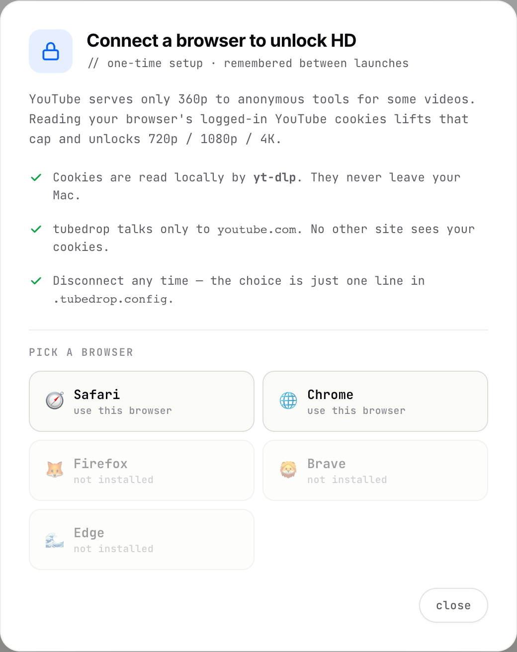tubedrop HD-unlock window explaining that cookies are read locally, never leave the Mac, and are used only for youtube.com